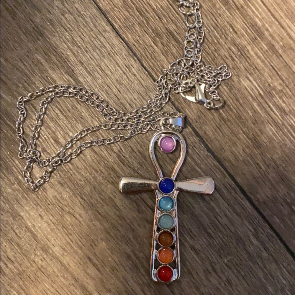 Silver colored beaded silver necklace cross holy
